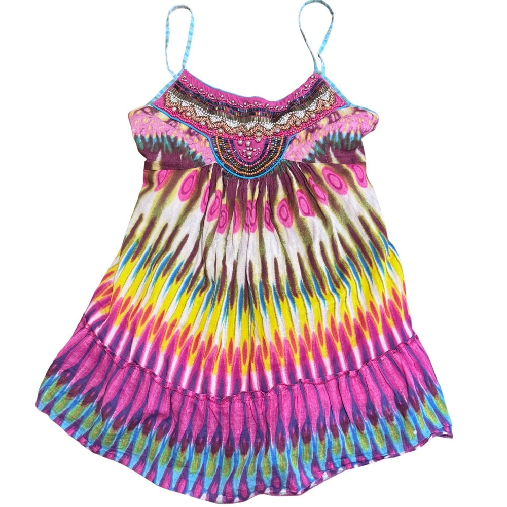 Y2K Vintage Boho TieDye Beaded Neckline Cttn Cami Top Vibrant Festi Prismatic Sm
